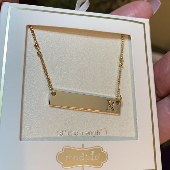 Mud Pie initial bar necklace goldtone 16" chain.  Your CHOICE - Picture 3 of 5